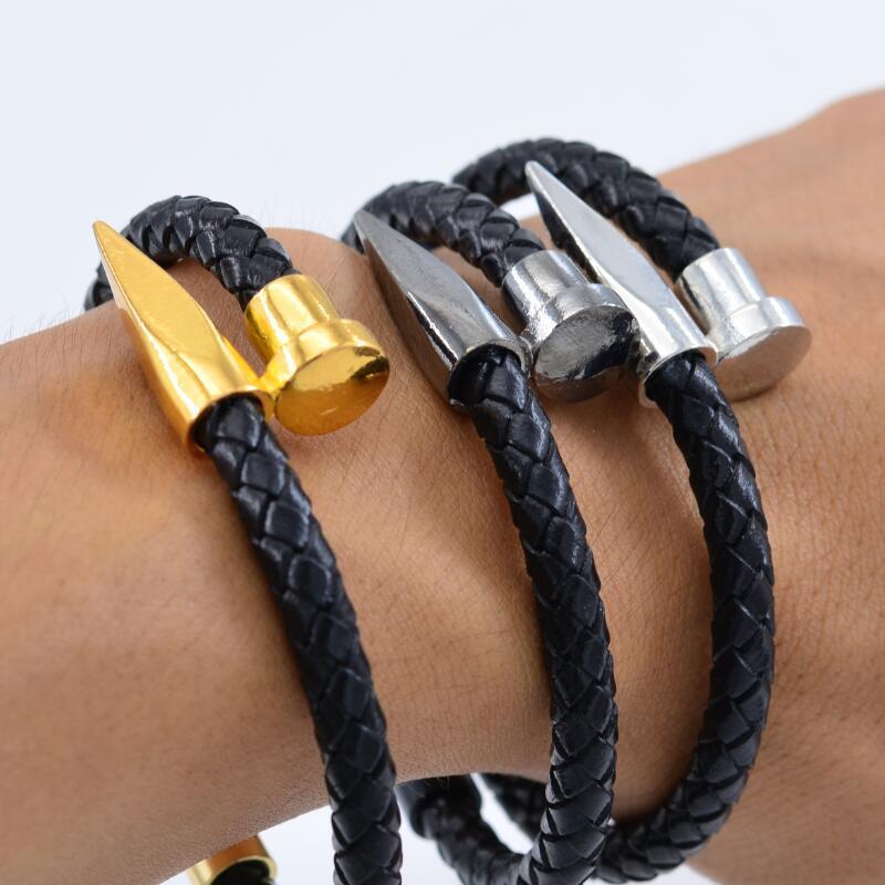 Leather Bracelet for Men Women Nail Design Stainless Steel Magnetic Clasp Braid Rope Chain Punk Gift for Father